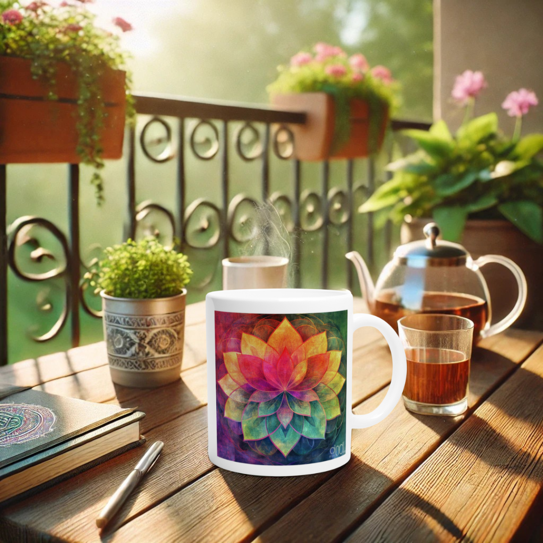 Farbenfrohe Tasse mit geometrischer Lotusblume – inspiriert von Balance & Selbstfürsorge