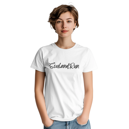 Vorderansicht vom weißen Unisex T-Shirt „SoulandRun“ mit schwarzem Statement-Print