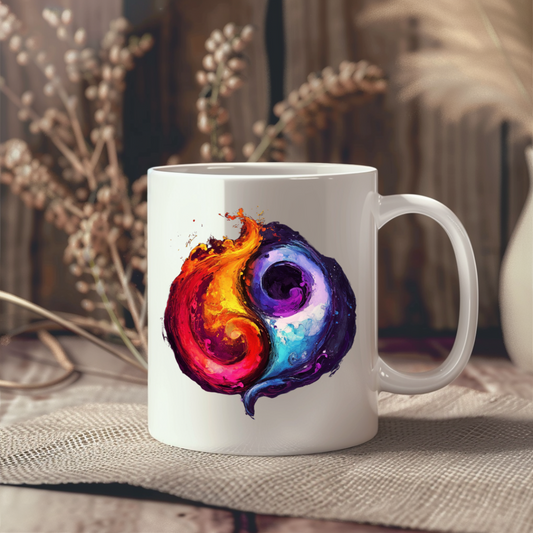 Keramiktasse mit Yin-Yang-Symbol aus Feuer und Wasser – Symbol für innere Balance