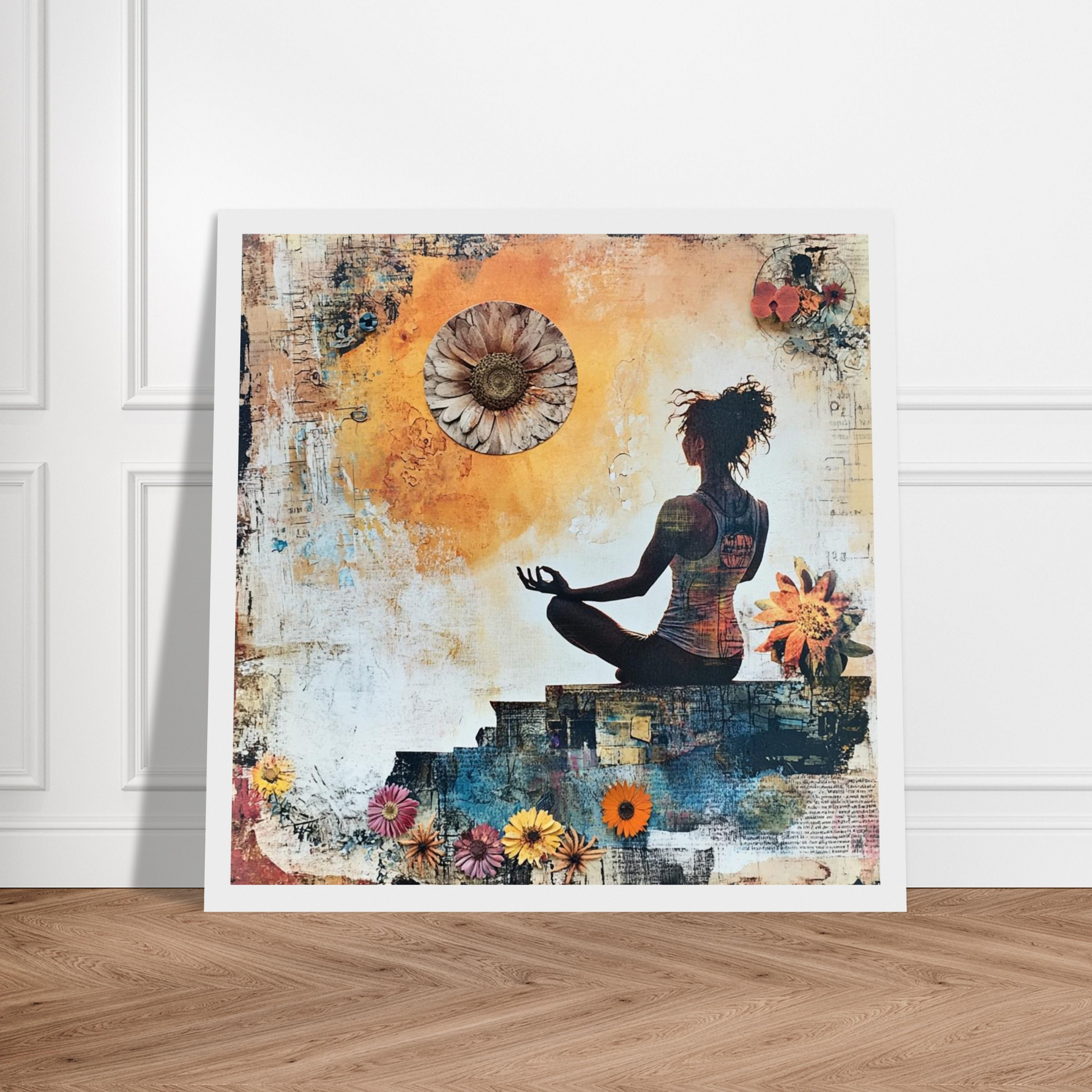 Digitales Yoga-Wandkunstwerk mit Mixed Media Design und floraler Symbolik