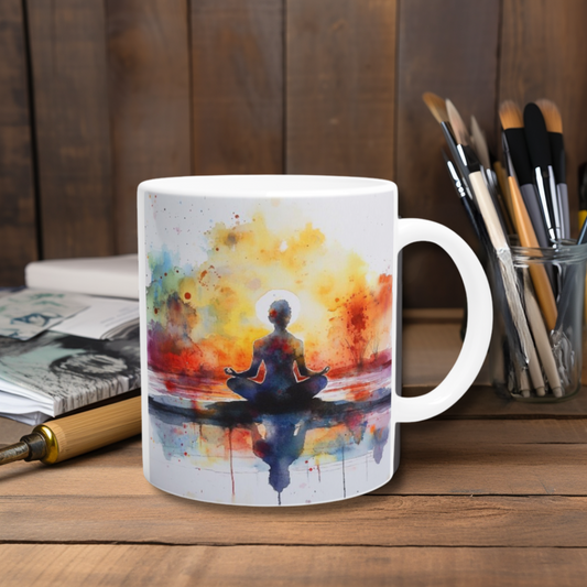 Vorderseite der Meditationstasse mit Lotus & Sonnenaufgang