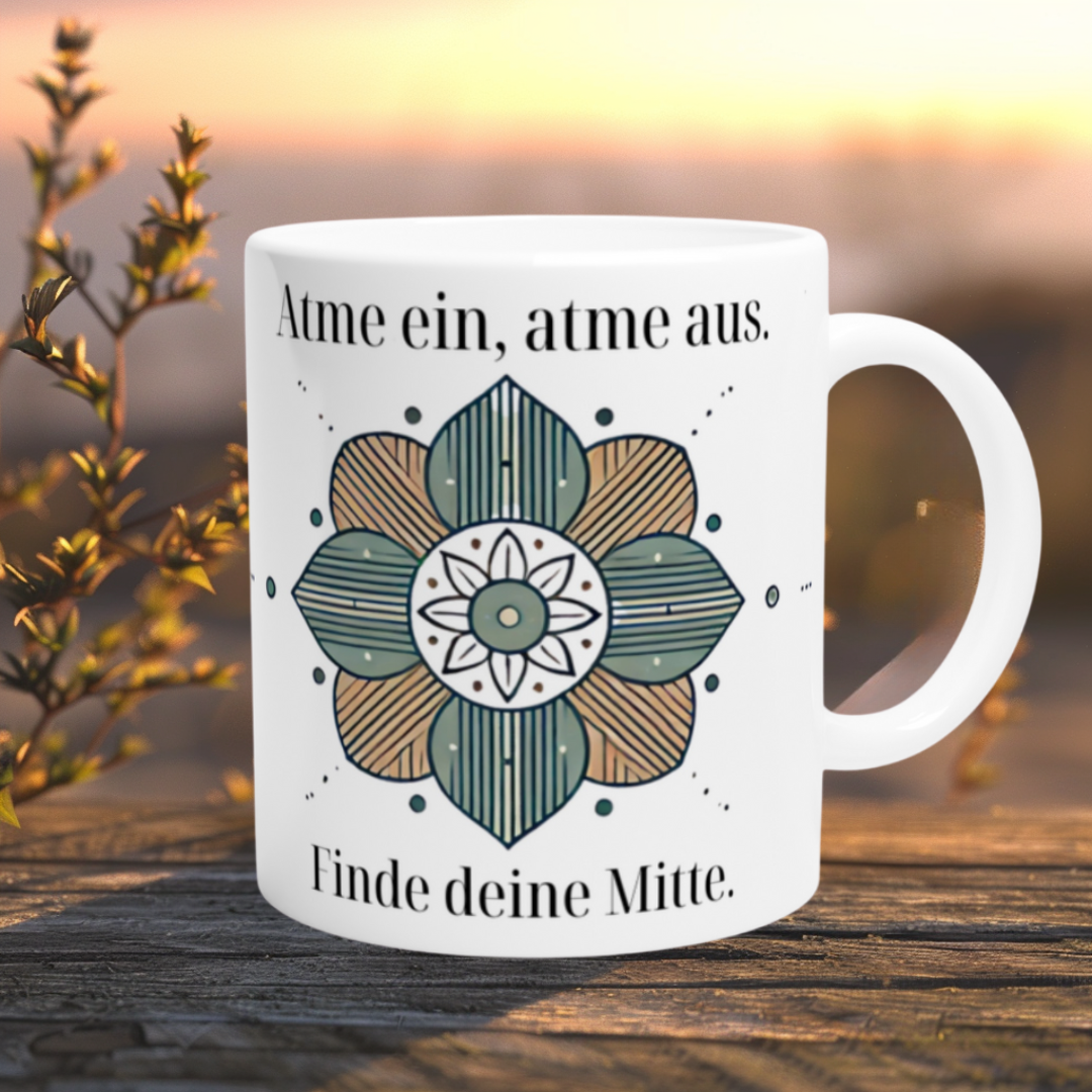 Stilvolle Tasse mit Chakra-inspirierter Blume und motivierendem Selbstfürsorge-Spruch